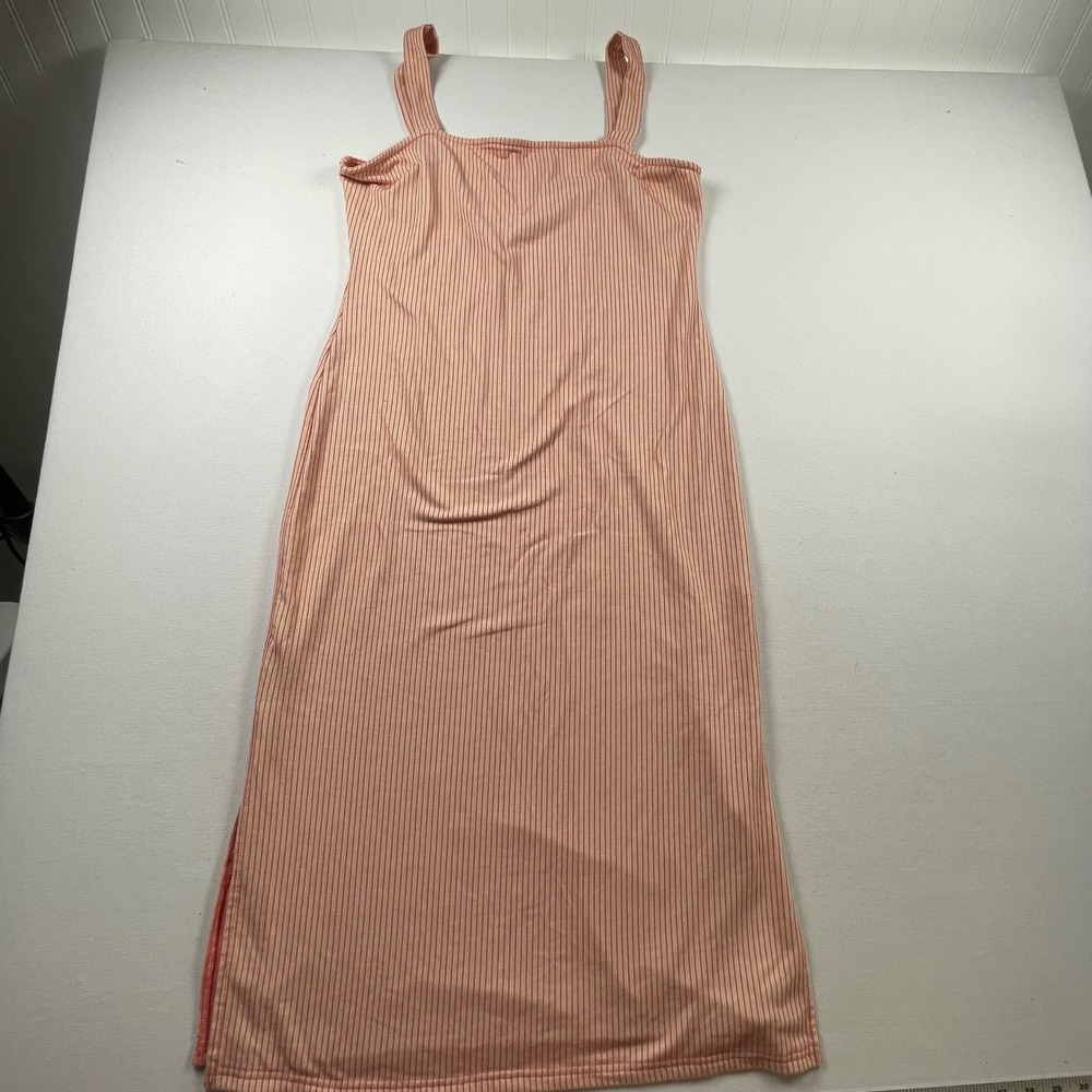 Line and Dot Peach Striped Ribbed Knit Midi Dress Side Slit Square Neck L LD4089